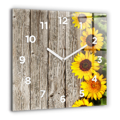 Horloge carrée en verre 60x60 cm Tournesols sur planches