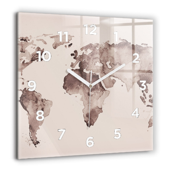 Horloge carrée en verre 60x60 cm Carte du monde à l'aquarelle
