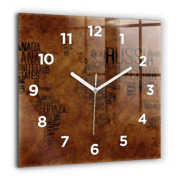 Horloge carrée en verre 60x60 cm Carte et noms de pays