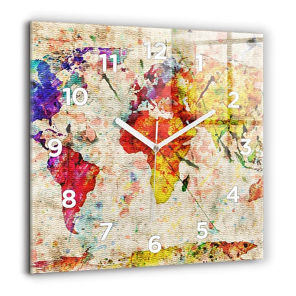 Horloge murale carrée 60x60 cm Carte du monde en couleur
