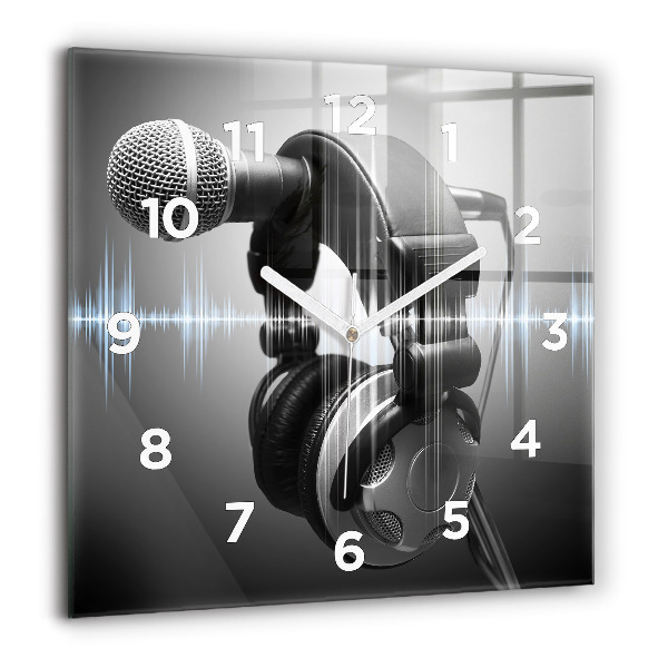 Horloge carrée en verre 60x60 cm Microphone et écouteurs