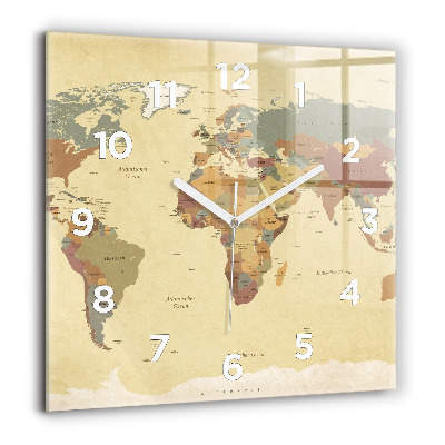 Pendule carrée en verre 60x60 cm Carte du monde style vintage
