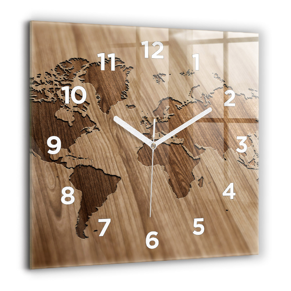 Horloge carrée en verre 60x60 cm Carte du monde sur bois