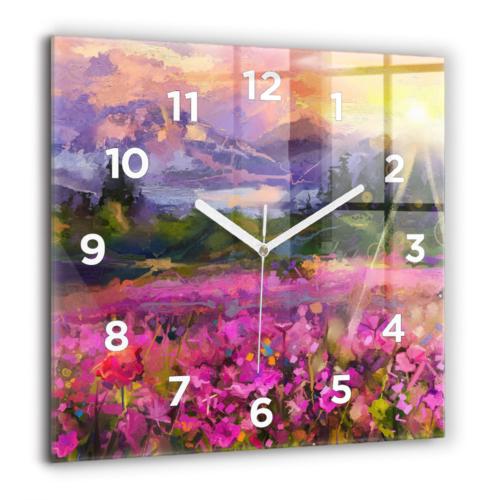Horloge carrée en verre 60x60 cm Prairie au coucher du soleil