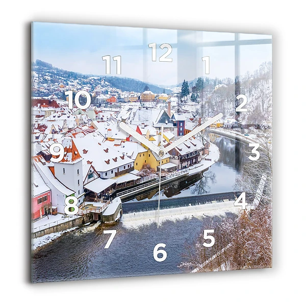 Horloge carrée en verre 60x60 cm Panorama de la ville en hiver