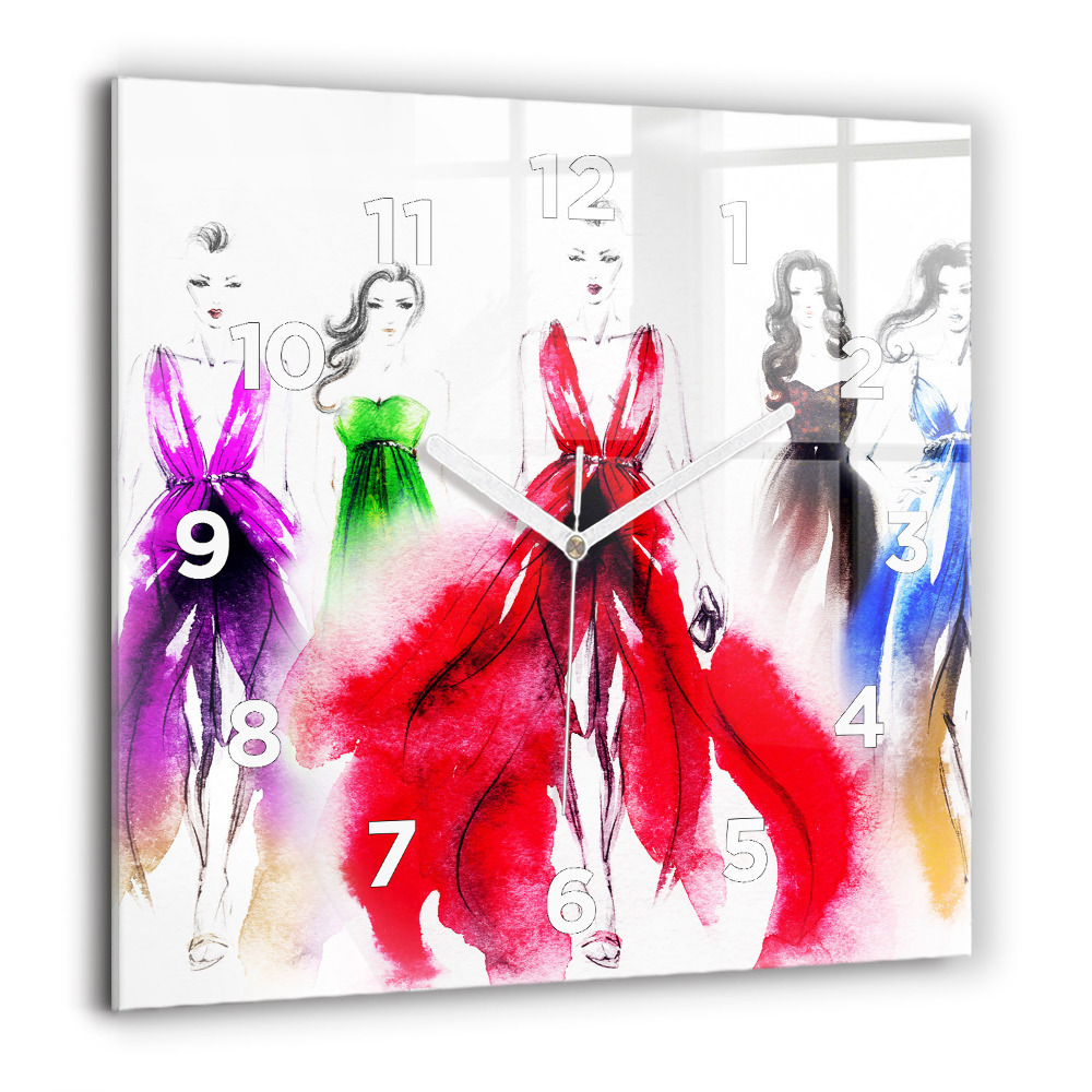Horloge carrée en verre 60x60 cm Femmes en robes colorées