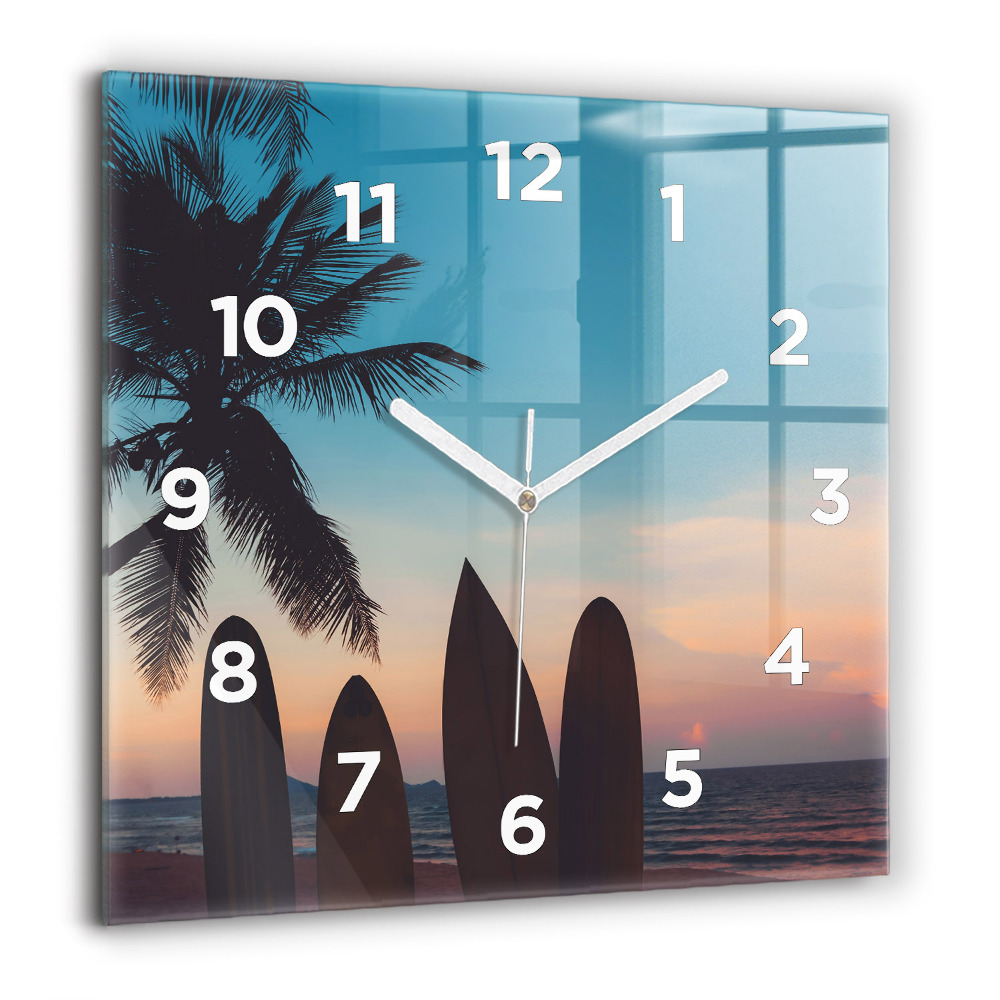 Pendule carrée en verre 60x60 cm Surf sur la plage