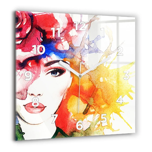 Pendule carrée en verre 60x60 cm Portrait coloré d'une femme