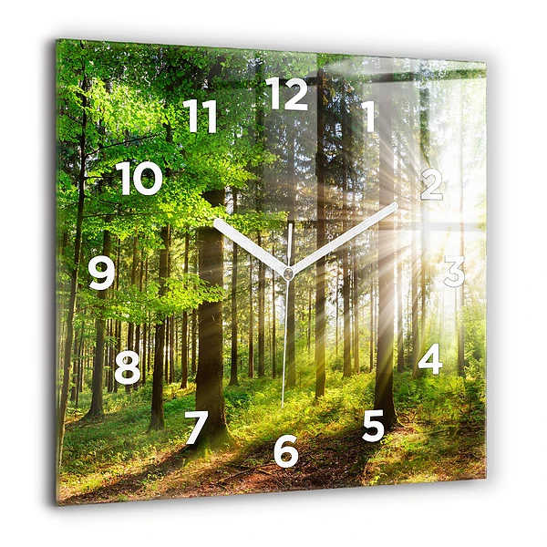 Pendule carrée en verre 60x60 cm Lever de soleil en forêt