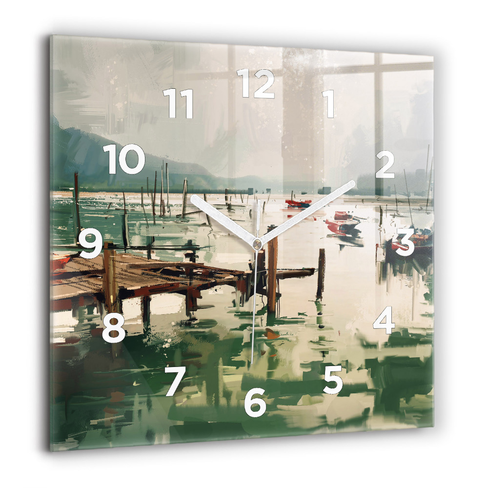 Pendule carrée en verre 60x60 cm Bateaux de pêche dans le port