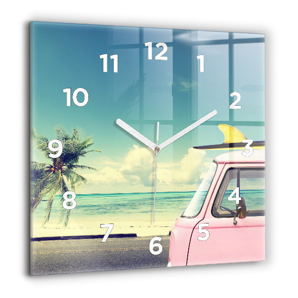 Pendule carrée en verre 60x60 cm Voiture avec planche de surf
