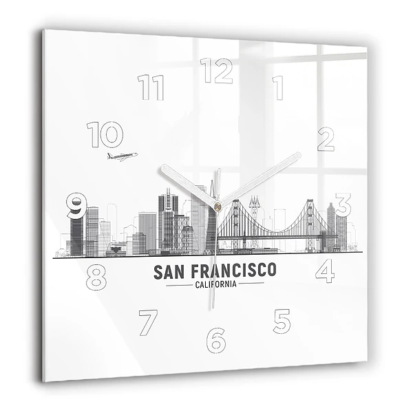 Horloge carrée en verre 60x60 cm Ligne d'horizon de San Francisco