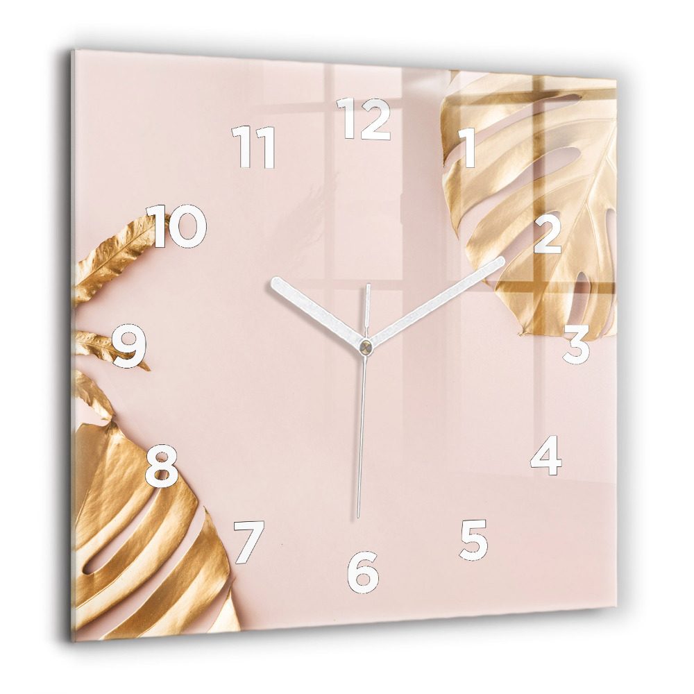 Pendule carrée en verre 60x60 cm Feuilles tropicales dorées