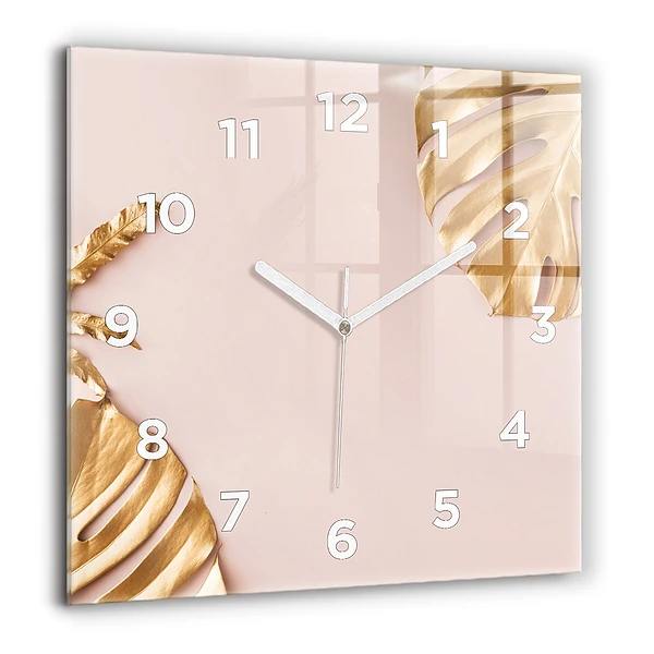Pendule carrée en verre 60x60 cm Feuilles tropicales dorées