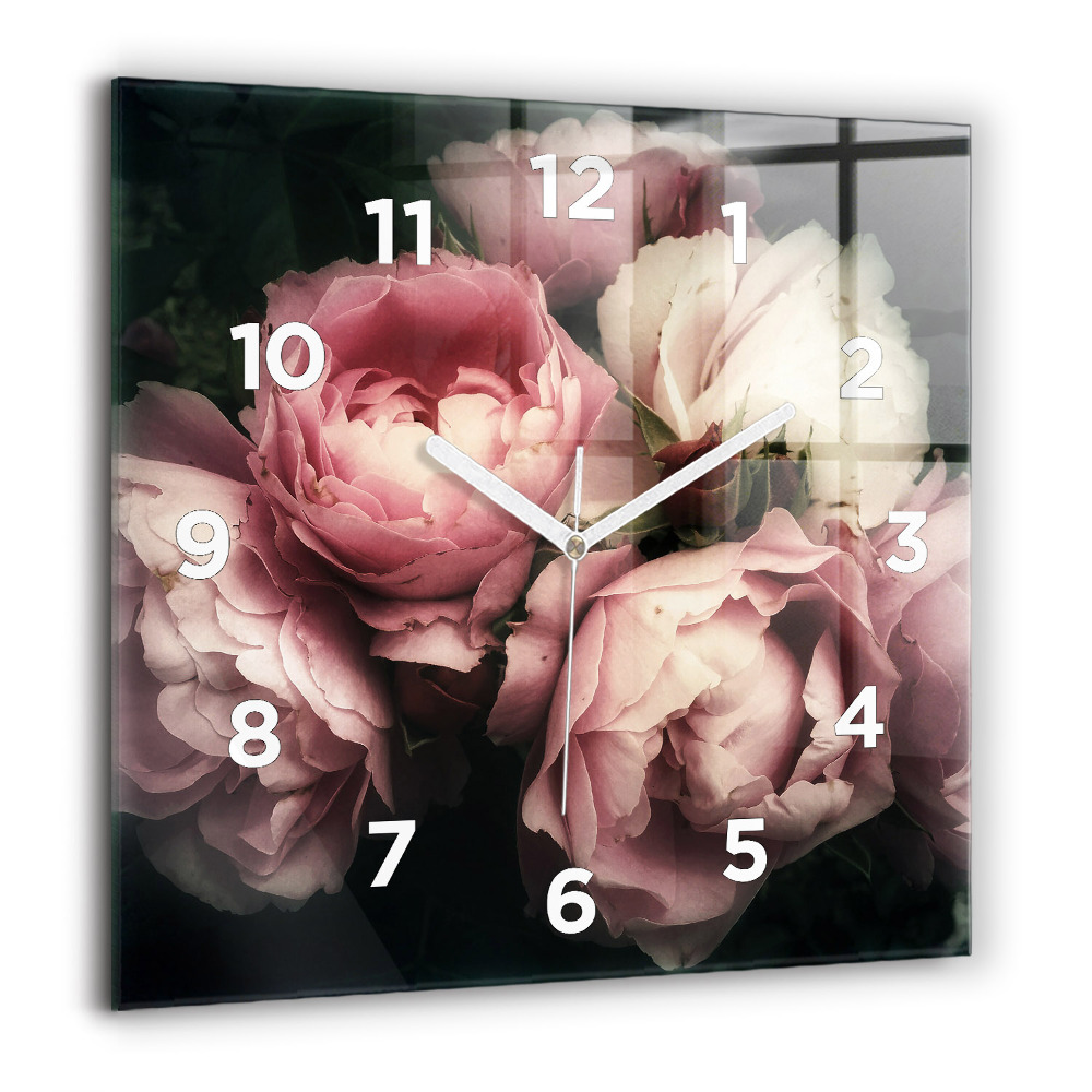 Pendule carrée en verre 60x60 cm Bouquet de roses roses