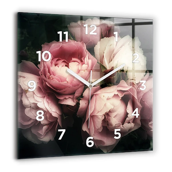 Pendule carrée en verre 60x60 cm Bouquet de roses roses