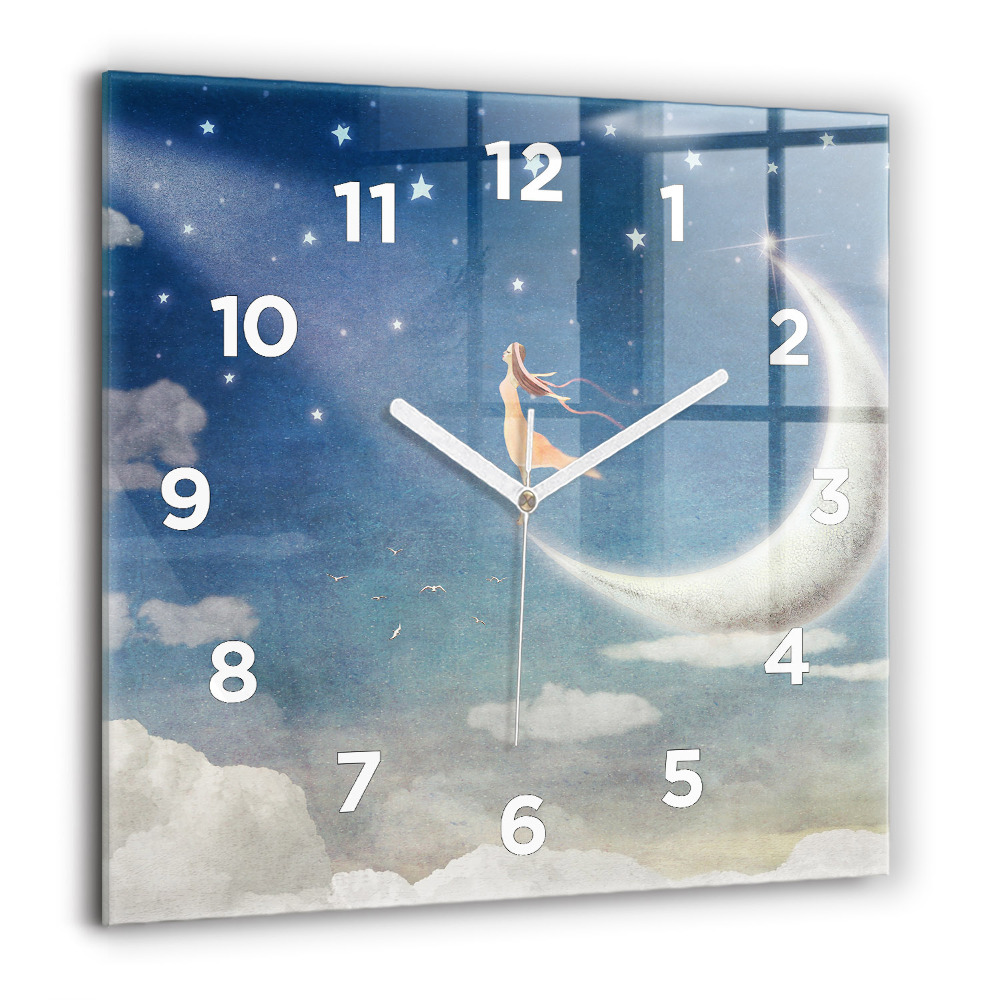 Horloge murale carrée 60x60 cm Fille sur la lune