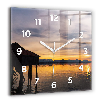 Pendule carrée en verre 60x60 cm Coucher de soleil sur un lac