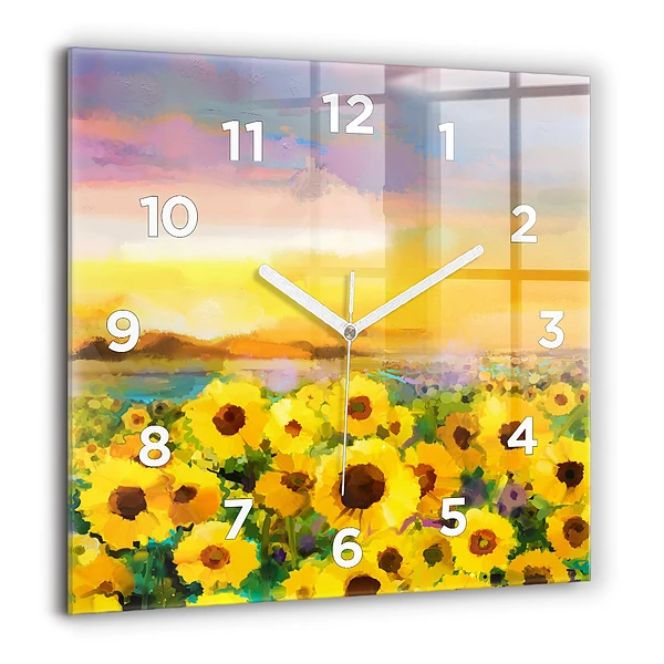 Pendule carrée en verre 60x60 cm Champ de tournesols
