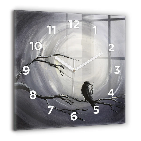 Pendule carrée en verre 60x60 cm Corbeau au clair de lune