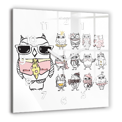 Pendule carrée en verre 60x60 cm Affiche vintage avec des hiboux