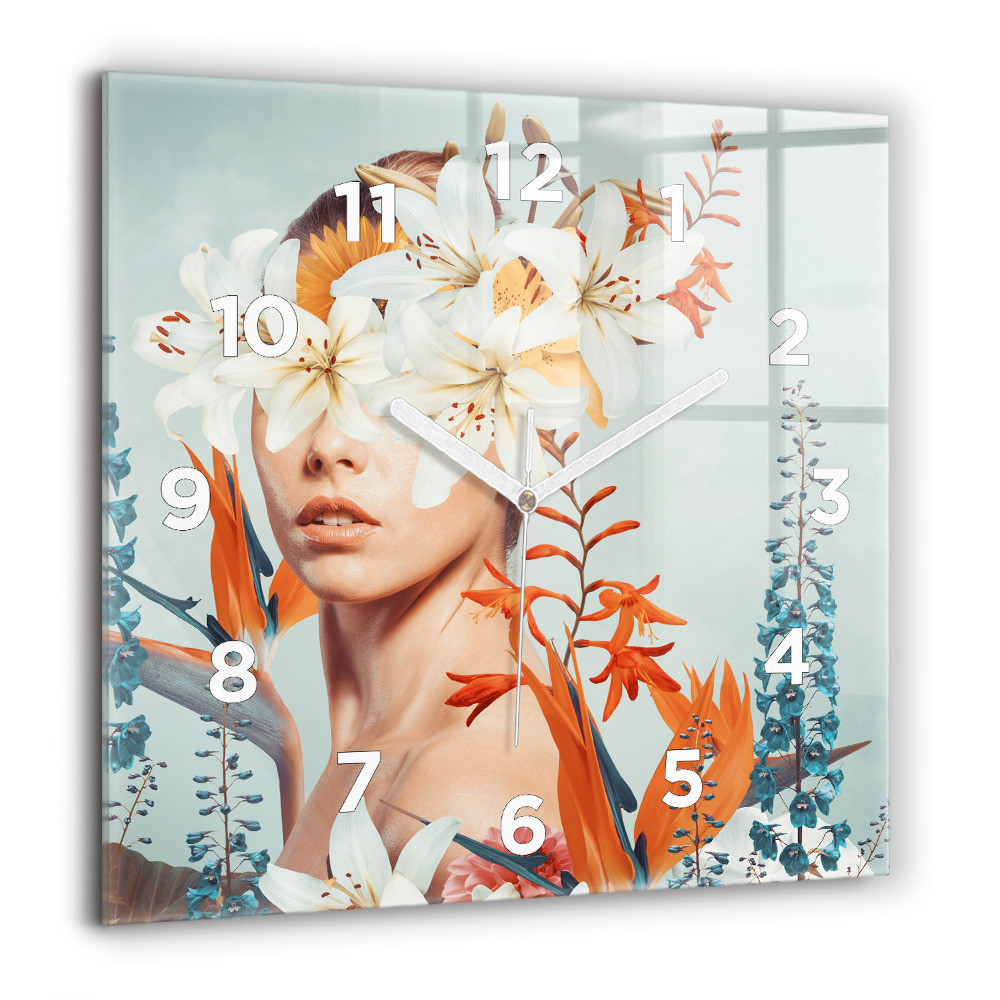 Pendule carrée en verre 60x60 cm Femme avec des fleurs