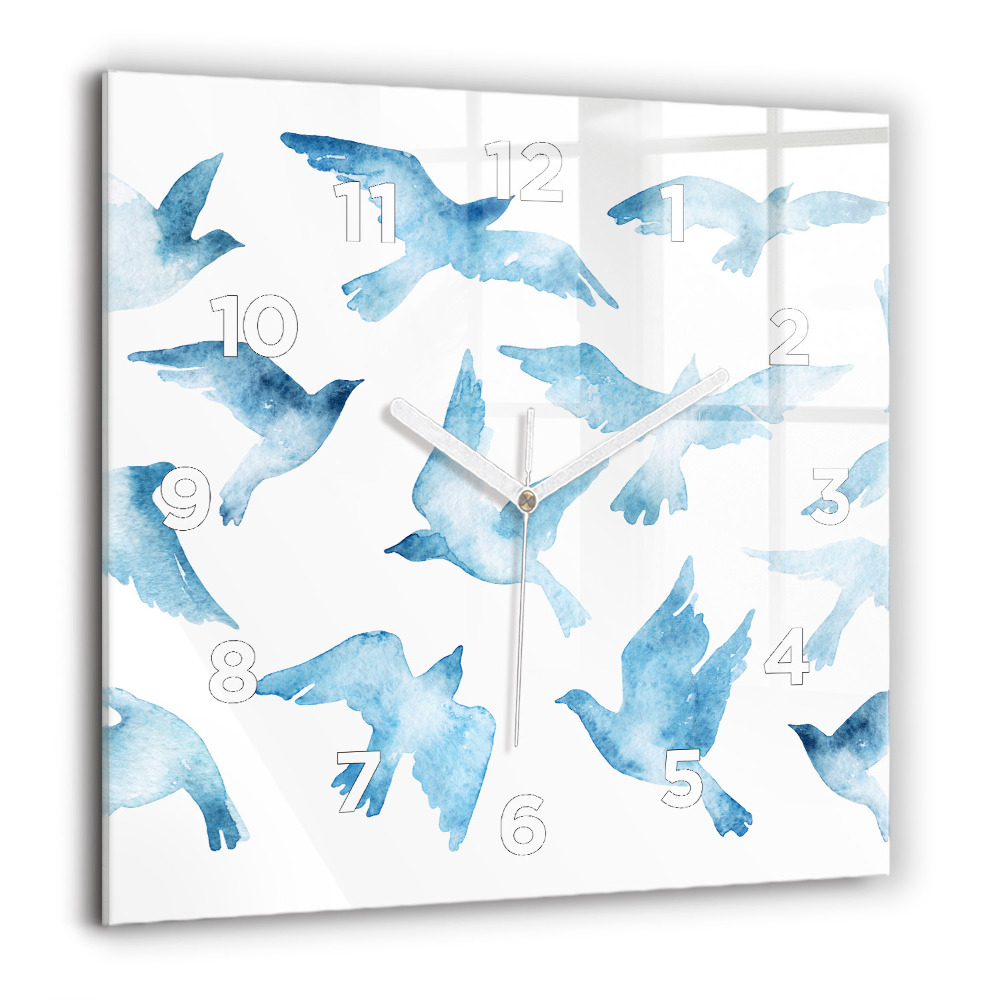 Horloge carrée en verre 60x60 cm Oiseaux bleus en vol