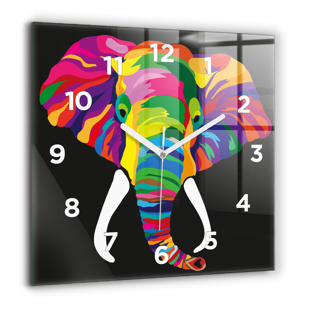 Horloge carrée en verre 60x60 cm Éléphant coloré