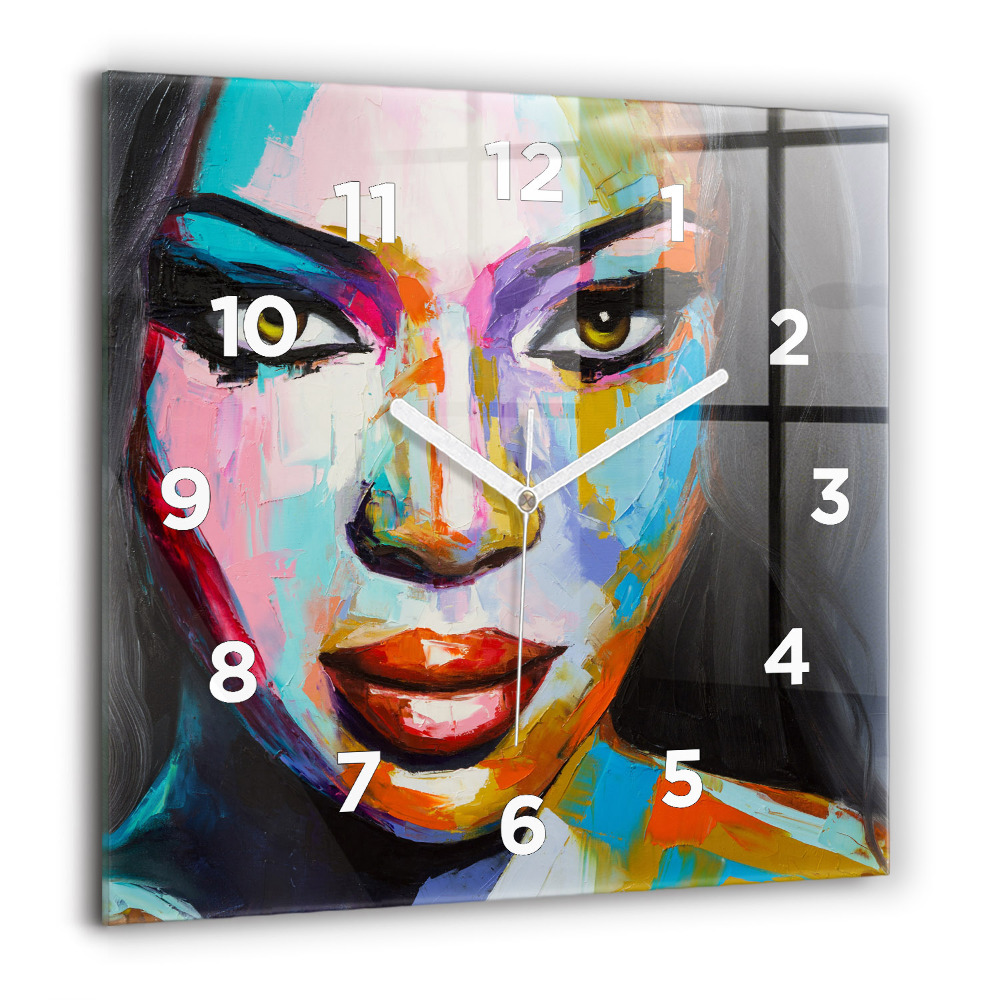 Horloge carrée en verre 60x60 cm Visage coloré d'une femme