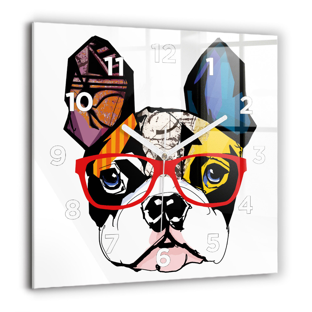 Horloge carrée en verre 60x60 cm Bouledogue français à lunettes