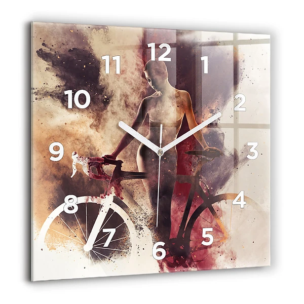 Pendule carrée en verre 60x60 cm Femme et vélo