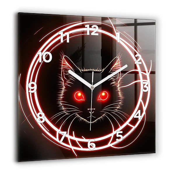 Pendule carrée en verre 60x60 cm Chat aux yeux rouges