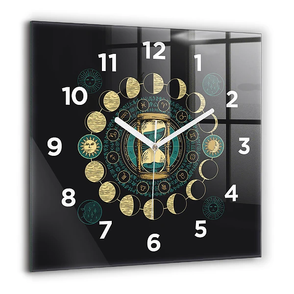 Pendule carrée en verre 60x60 cm Phases de la lune et sablier