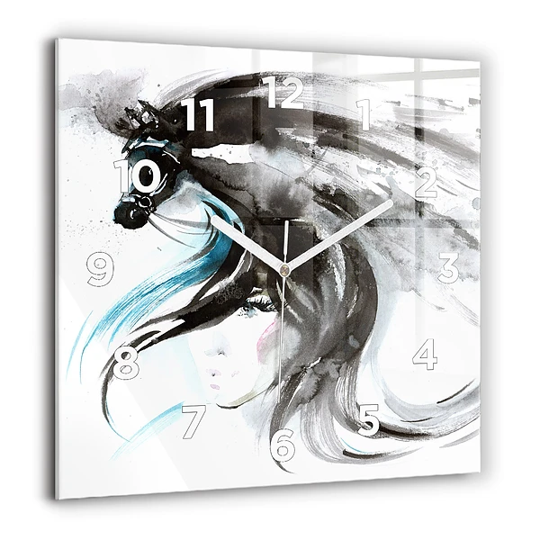 Pendule carrée en verre 60x60 cm Cheval et femme abstraits