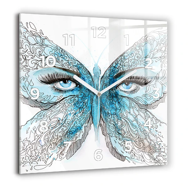 Pendule carrée en verre 60x60 cm Visage en forme de papillon