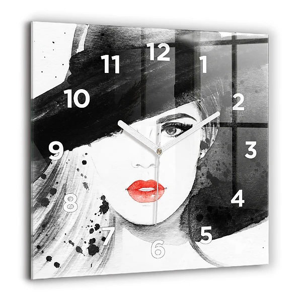 Horloge murale carrée 60x60 cm Femme au chapeau