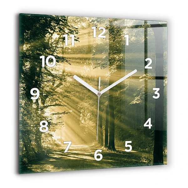 Horloge carrée en verre 60x60 cm Rayons de soleil Forêt