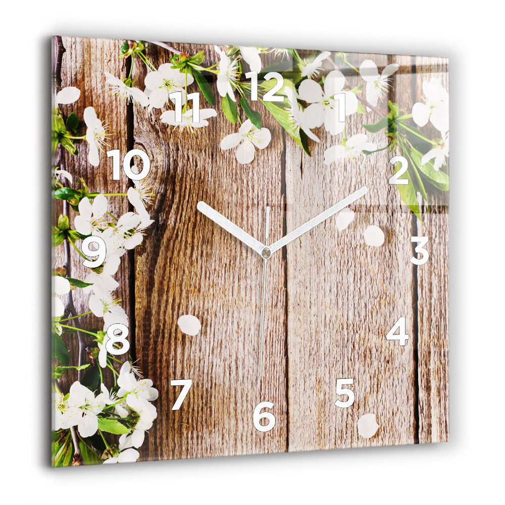 Horloge carrée en verre 60x60 cm Fleurs sur bois