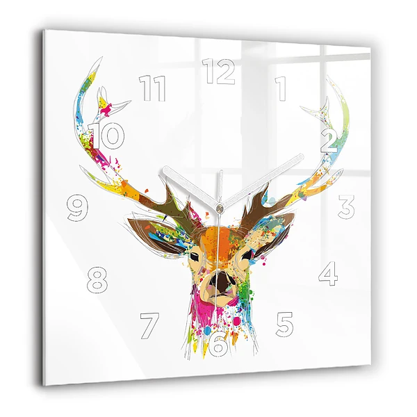 Horloge carrée en verre 60x60 cm Tête de cerf colorée