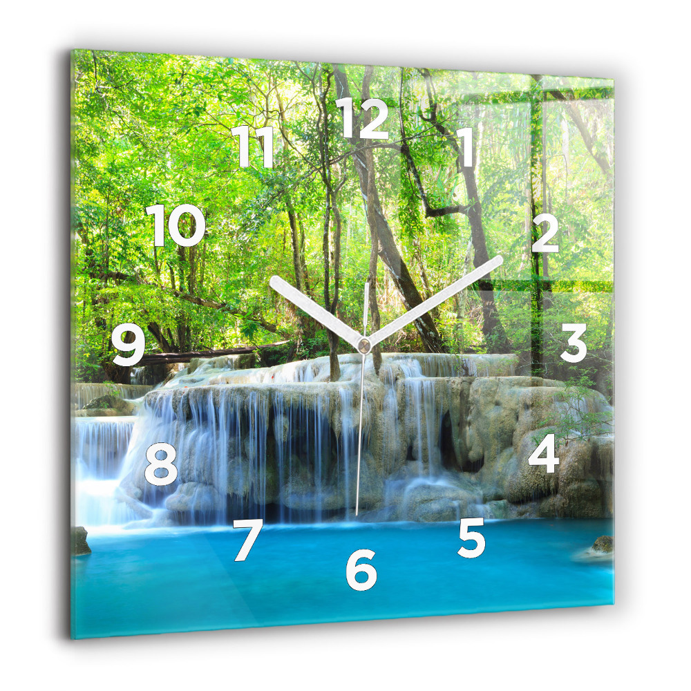 Pendule carrée en verre 60x60 cm Chute d'eau dans la forêt