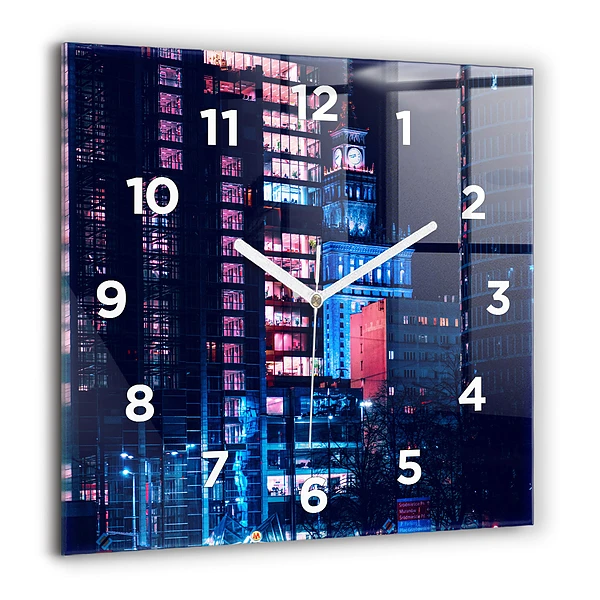 Horloge carrée en verre 60x60 cm Varsovie la nuit