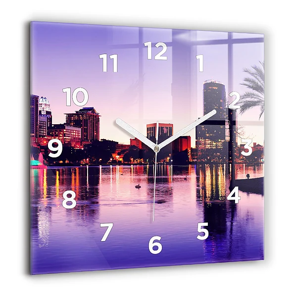 Pendule carrée en verre 60x60 cm Panorama de la ville le soir