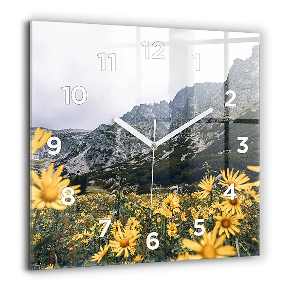 Pendule carrée en verre 60x60 cm Prairie de fleurs dans les montagnes