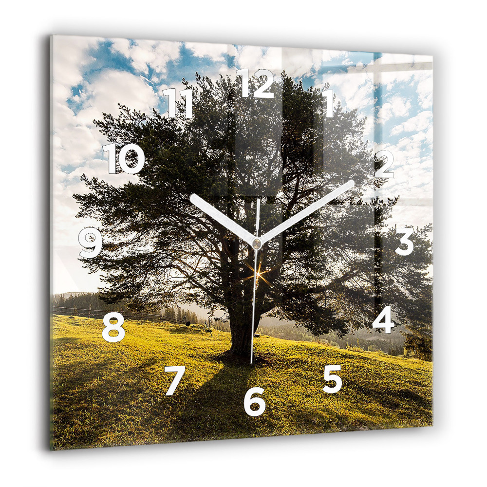 Horloge carrée en verre 60x60 cm Arbre sur une colline