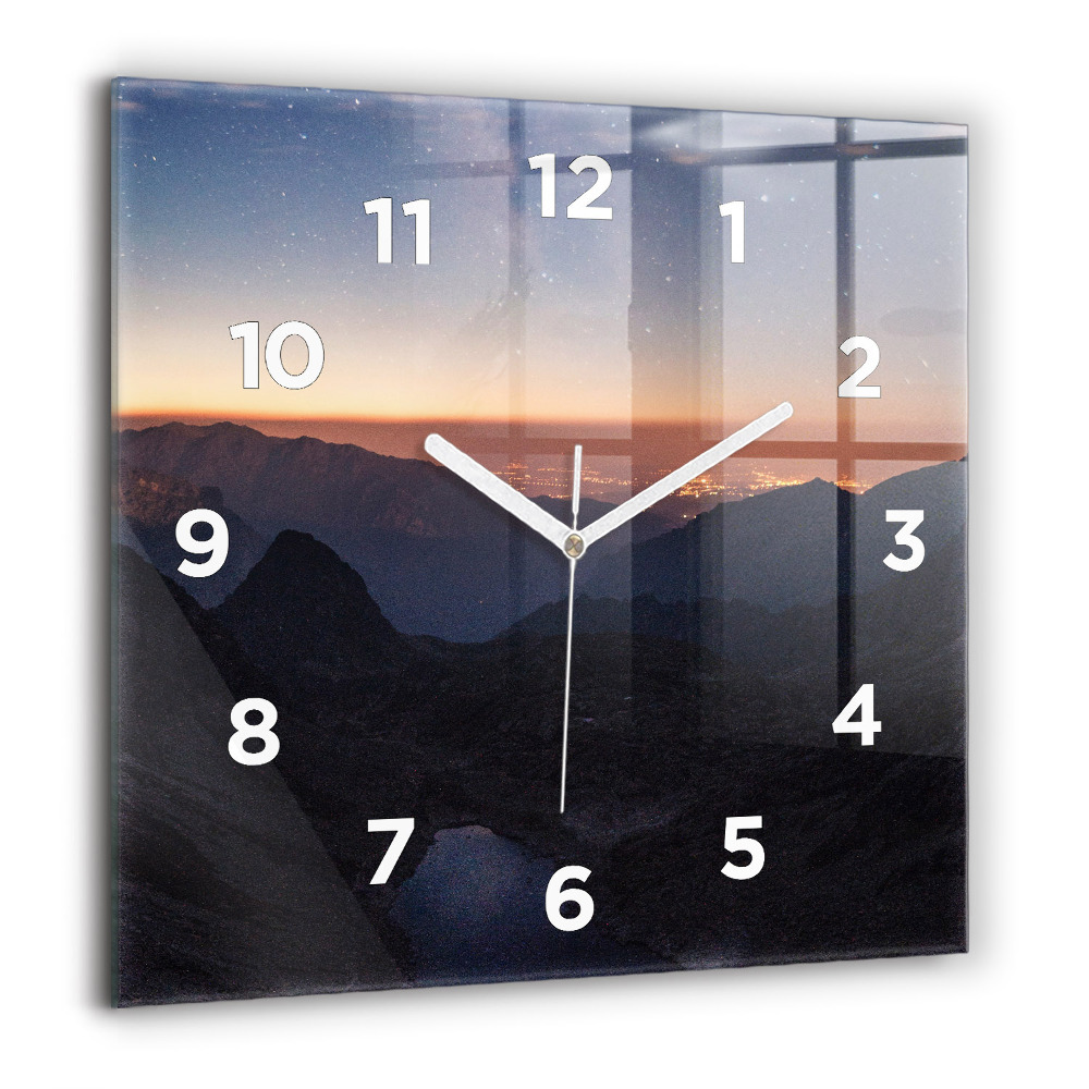 Horloge carrée en verre 60x60 cm Montagnes au coucher du soleil