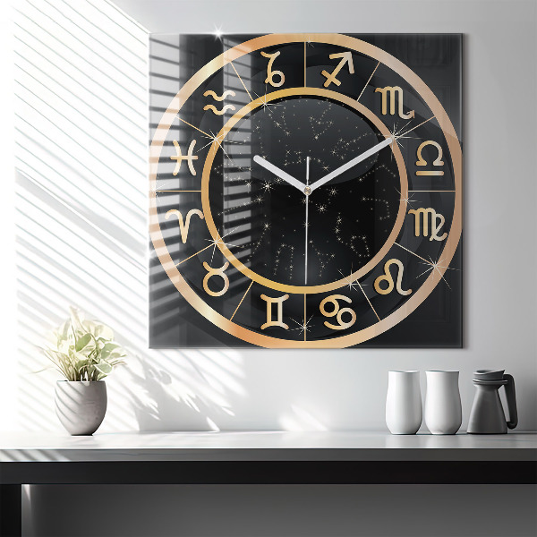 Horloge murale carrée 60x60 cm Signes du zodiaque noirs