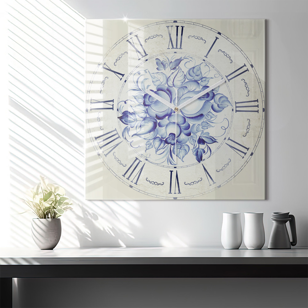 Horloge carrée en verre 60x60 cm Fleurs bleues