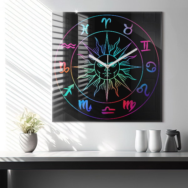 Horloge murale carrée 60x60 cm Signes du zodiaque colorés