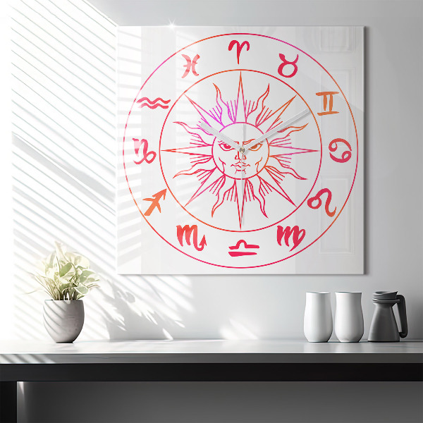 Horloge carrée en verre 60x60 cm Signes du zodiaque colorés