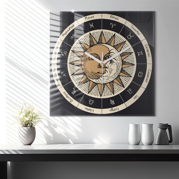 Horloge carrée en verre 60x60 cm Le soleil et les zodiaques